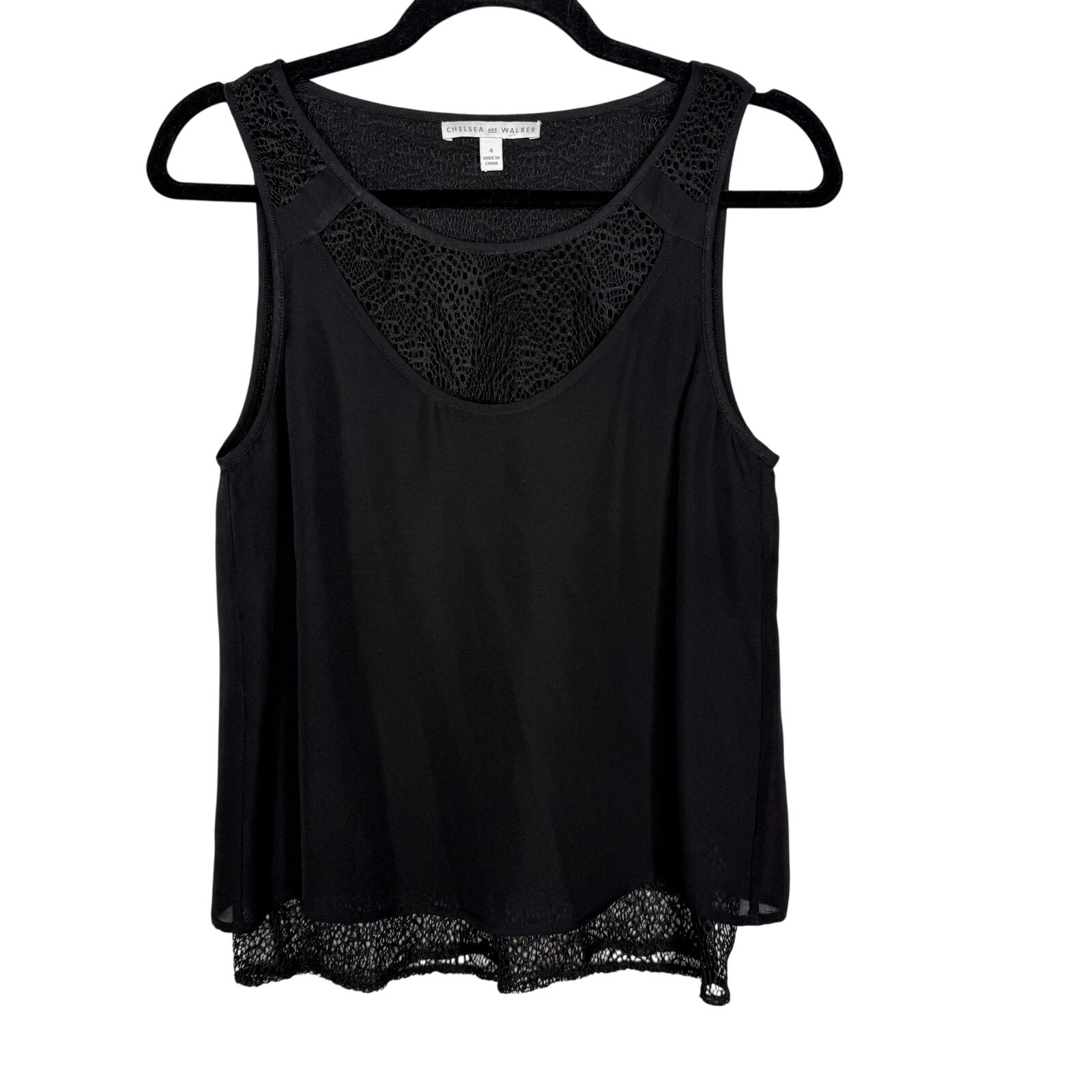 Chelsea And Walker Size 4 Black Lace Layered Silk Sleeveless Blouse Top Pieced